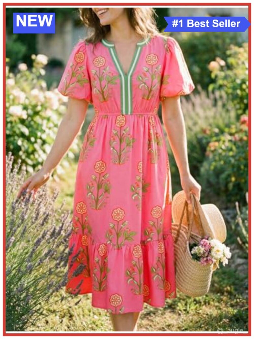 Womens Floral Print Maxi Dress V Neck Puff Short Sleeve Boho Beach Casual A-Line - Picture 5 of 6